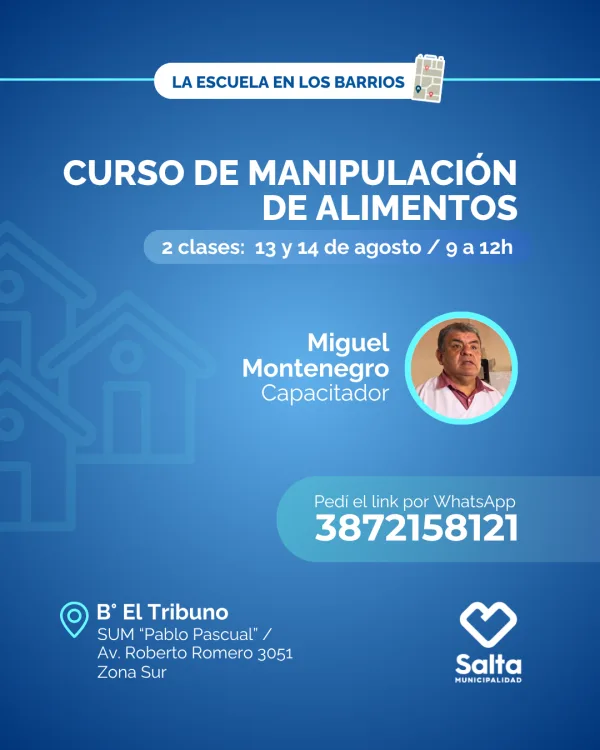 Curso de Manipulación de Alimentos - 13 y 14/8/25 (Bº El Tribuno)