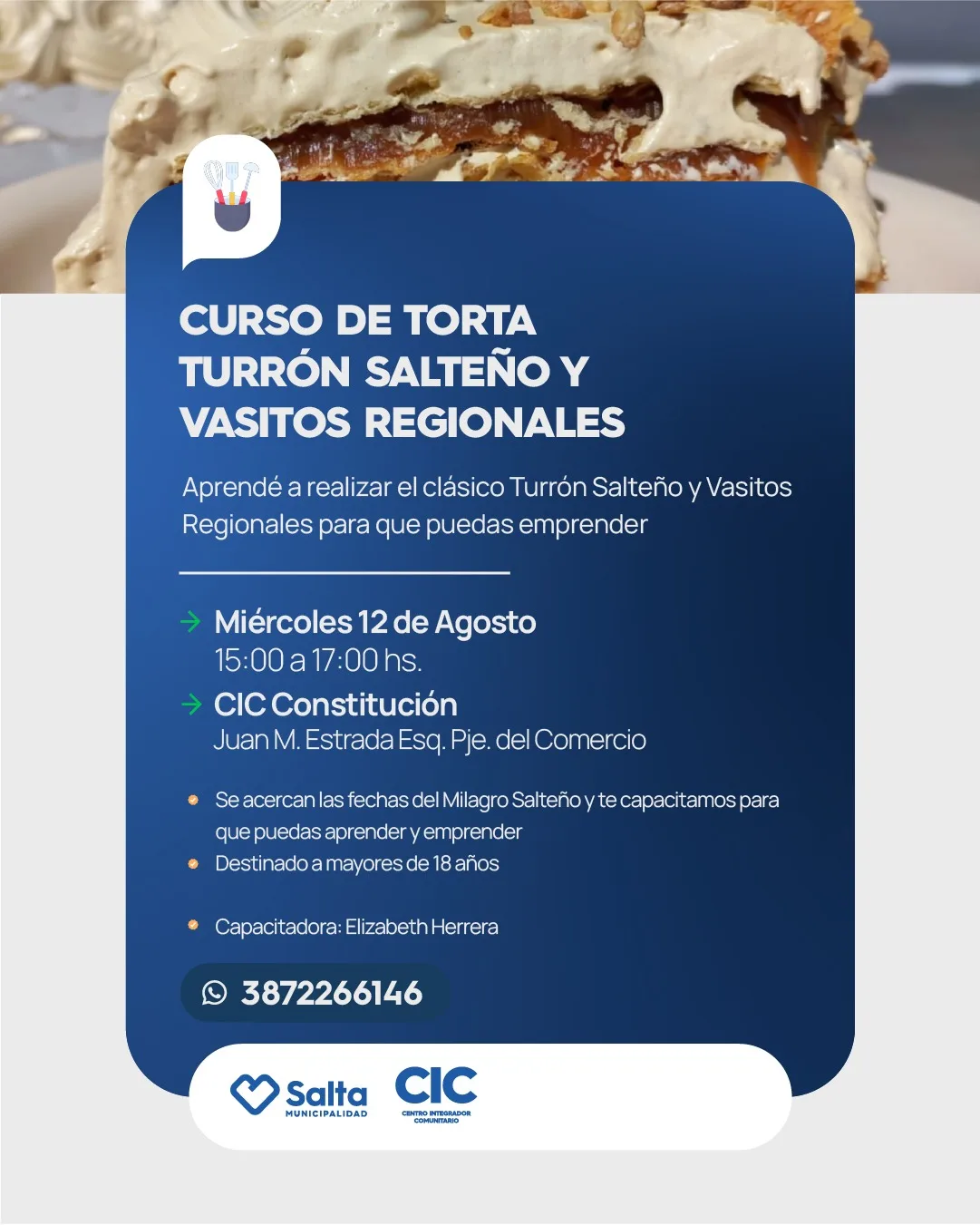 CURSO DE TORTA TURRON SALTEÑO Y VASITOS REGIONALES - CIC CONSTITUCION