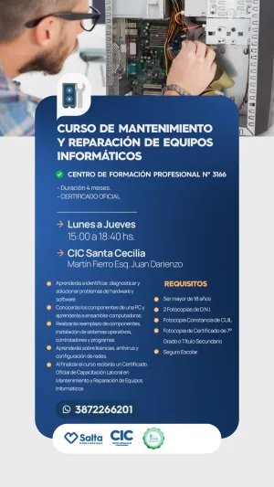 CURSO DE MANTENIMIENTO Y REPARACION DE EQUIPOS INFORMATICOS - CIC SANTA CECILIA