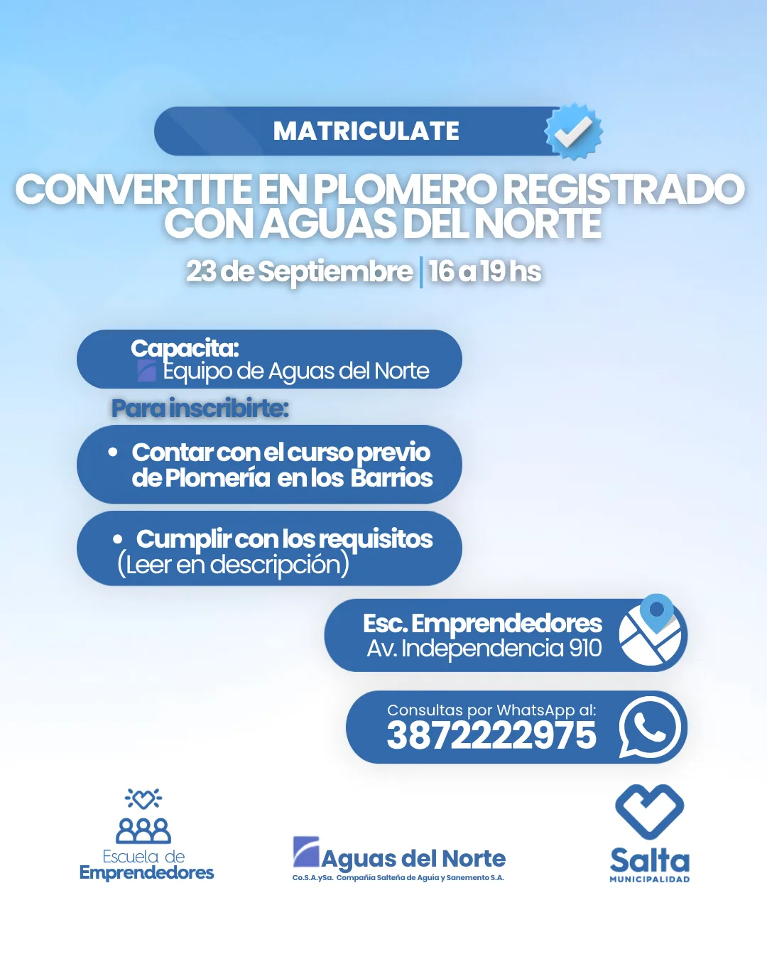 Convertite en plomero registrado con Aguas del Norte - 23/09/2026